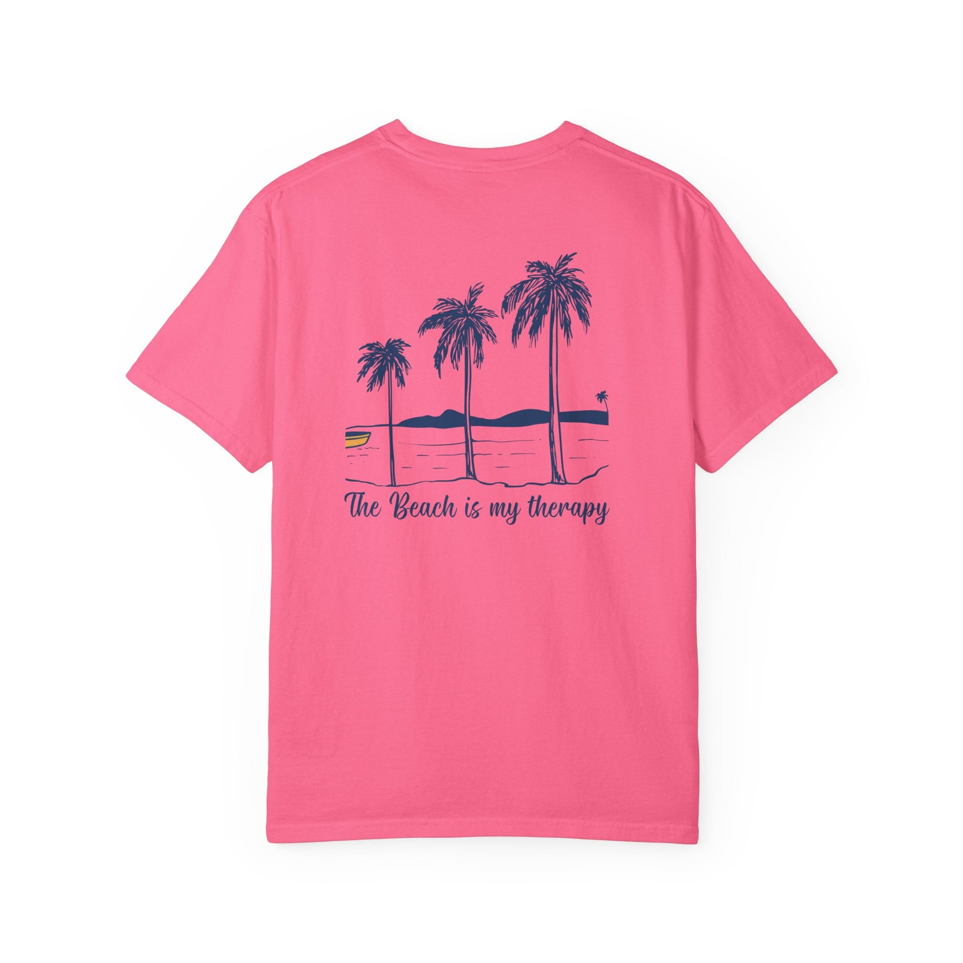 Pink t-shirt with palm tree design and text on a white background