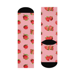 Strawberry Print Crew Socks Pink Socks with Strawberry Pattern Gift for Her Fruit Print Socks