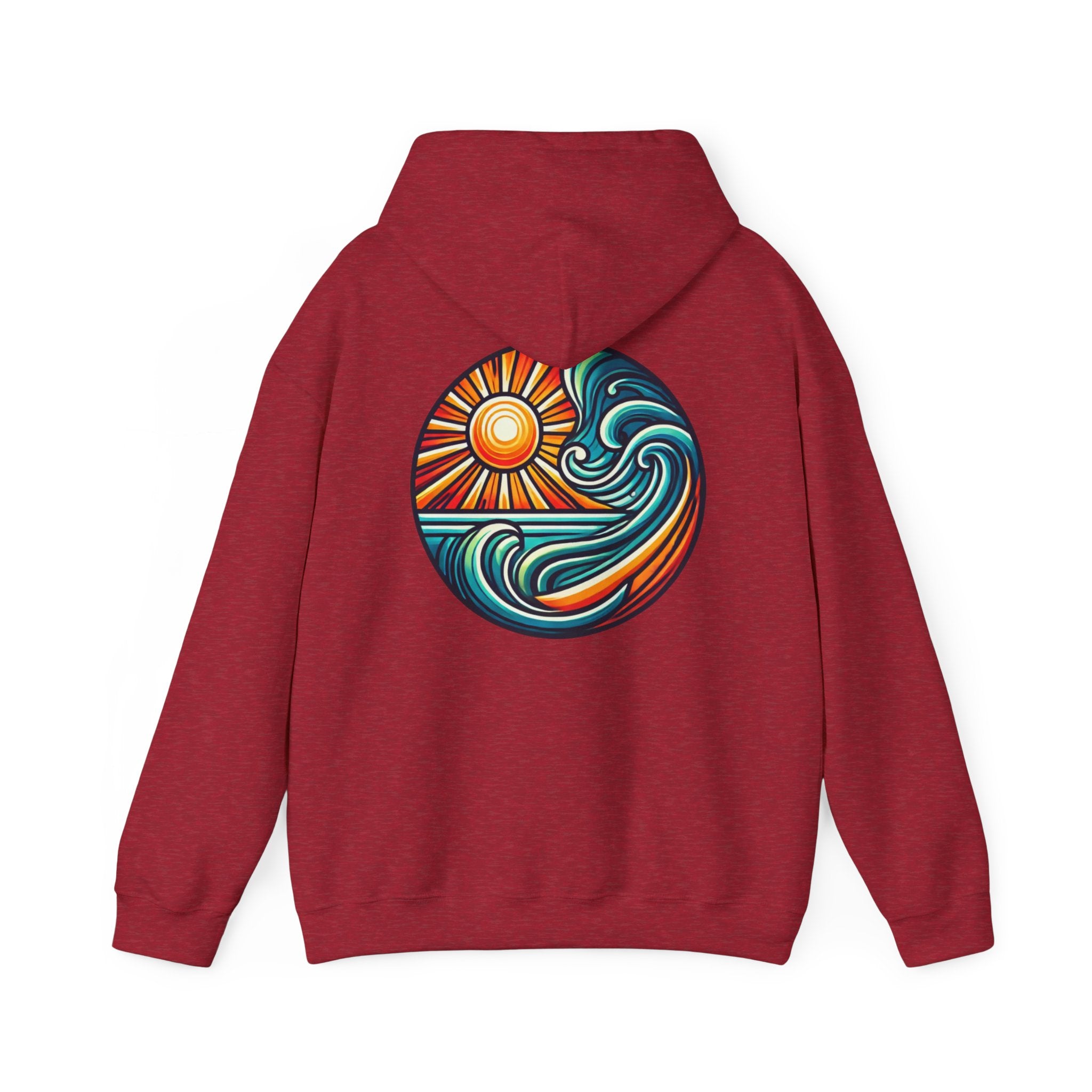 Beach-Inspired Unisex Heavy Blend Hoodie - Relaxed Fit, Cozy and Stylish Sweatshirt with Sun and Waves Design in Antique Cherry Red