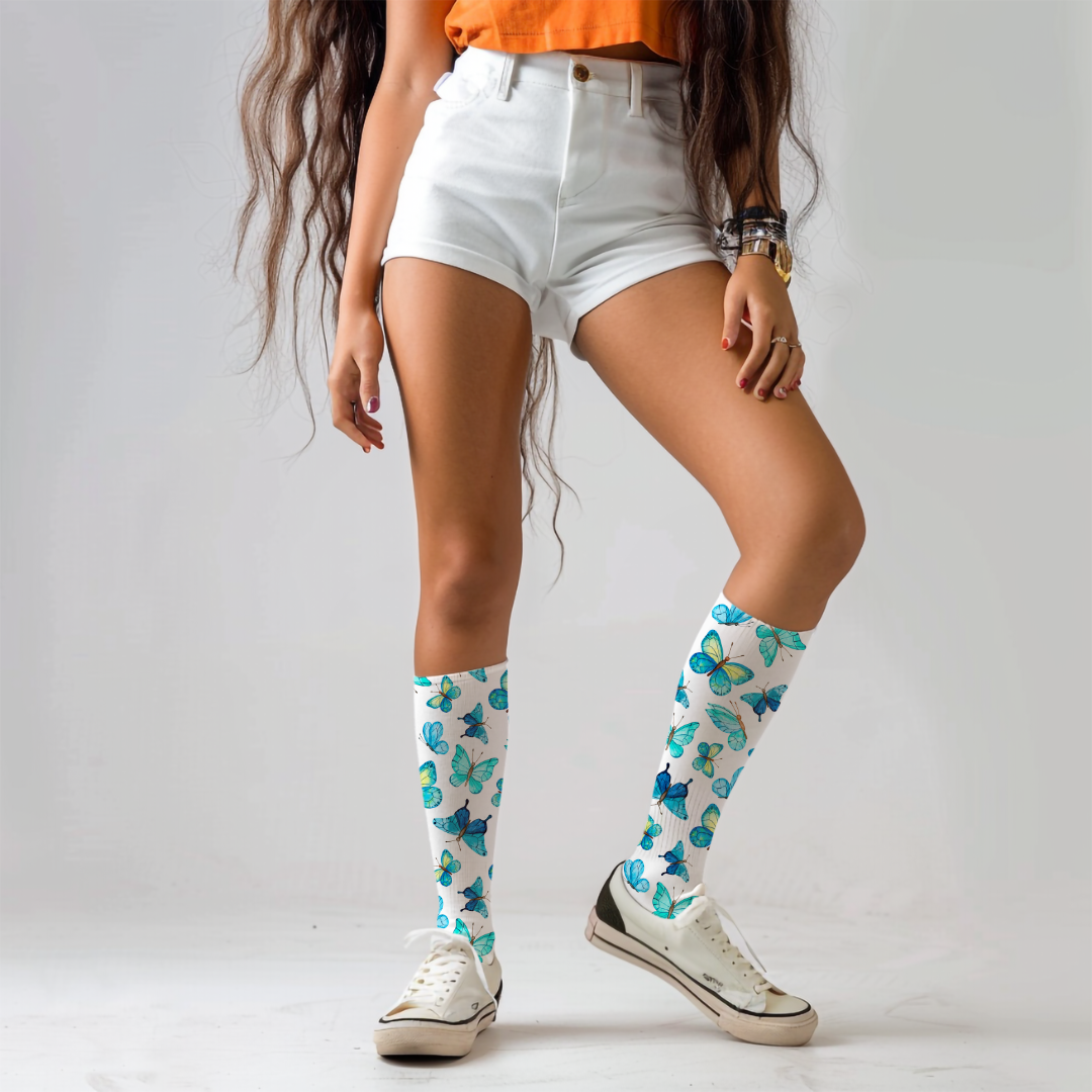 Beautiful Blue Butterflies Printed Crew Socks