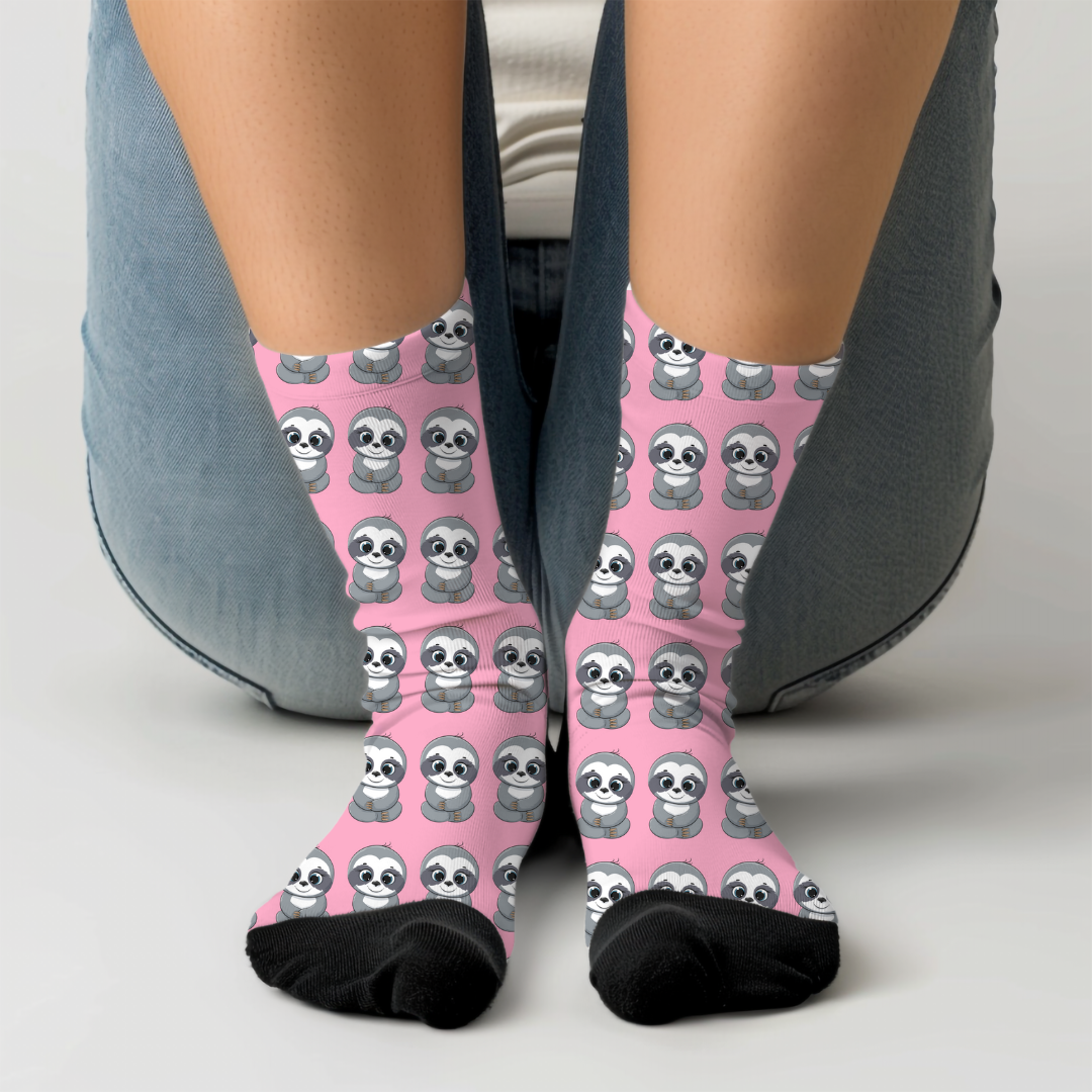 Adorable Sloth Crew Socks - Cute Pink Sloth Design, Cozy and Fun Socks