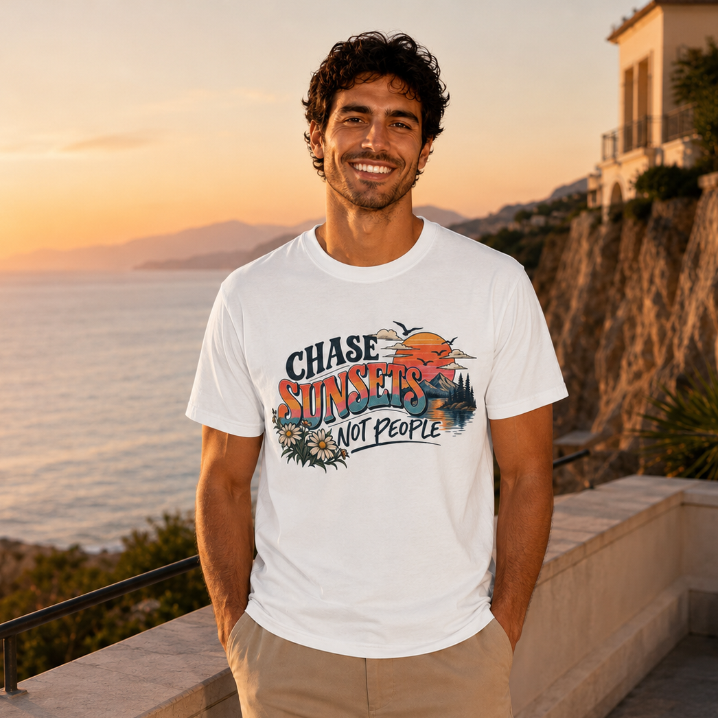 A man wearing a white graphic t-shirt with the text 'Chase Sunsets Not People' and a sunset illustration, standing on a balcony overlooking the sea at sunset.