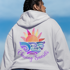 Oversized Pink Beach Hoodie – Sunset Graphic, Unisex Cozy Pullover