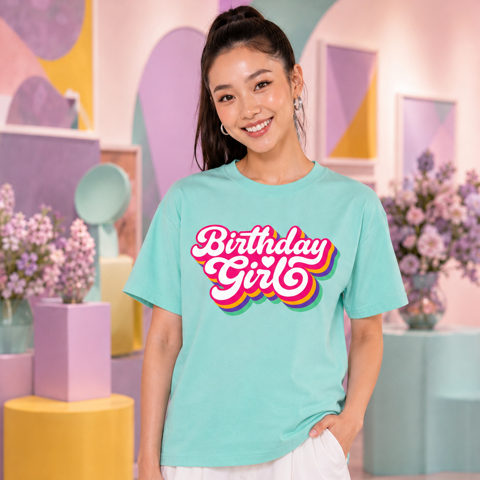 A woman stands in a pastel-colored studio setting wearing a mint green graphic T-shirt that reads 'Birthday Girl' in pink and red bubble letters with a green outline, paired with white pants.