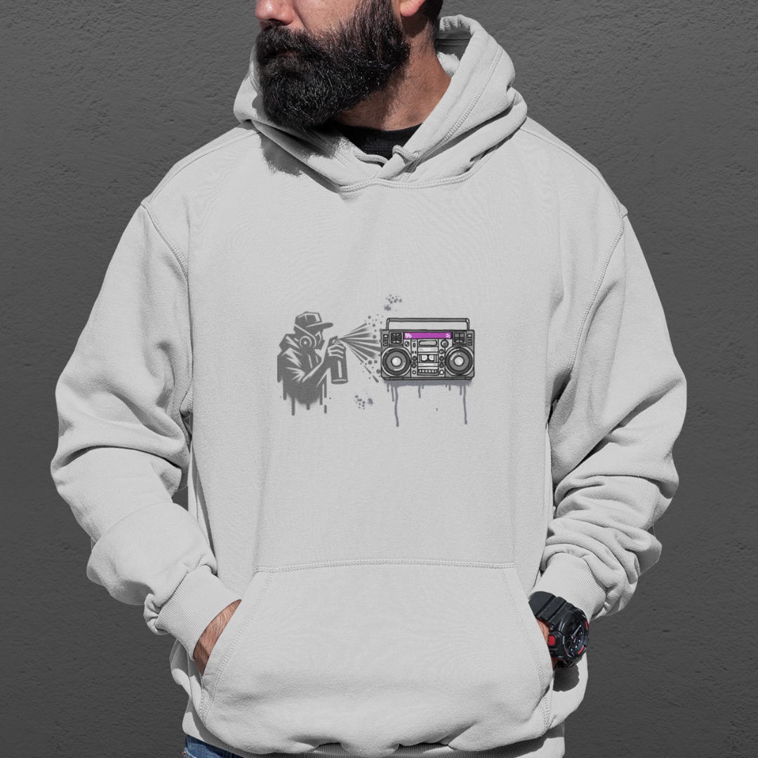 Sport Gray Graffiti Hoodie with Boom Box, Urban Streetwear, Unisex Art Hoodie