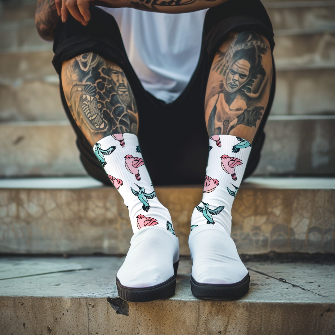 Spring Bird Socks: Pink & Blue Animal Print, Unisex Design