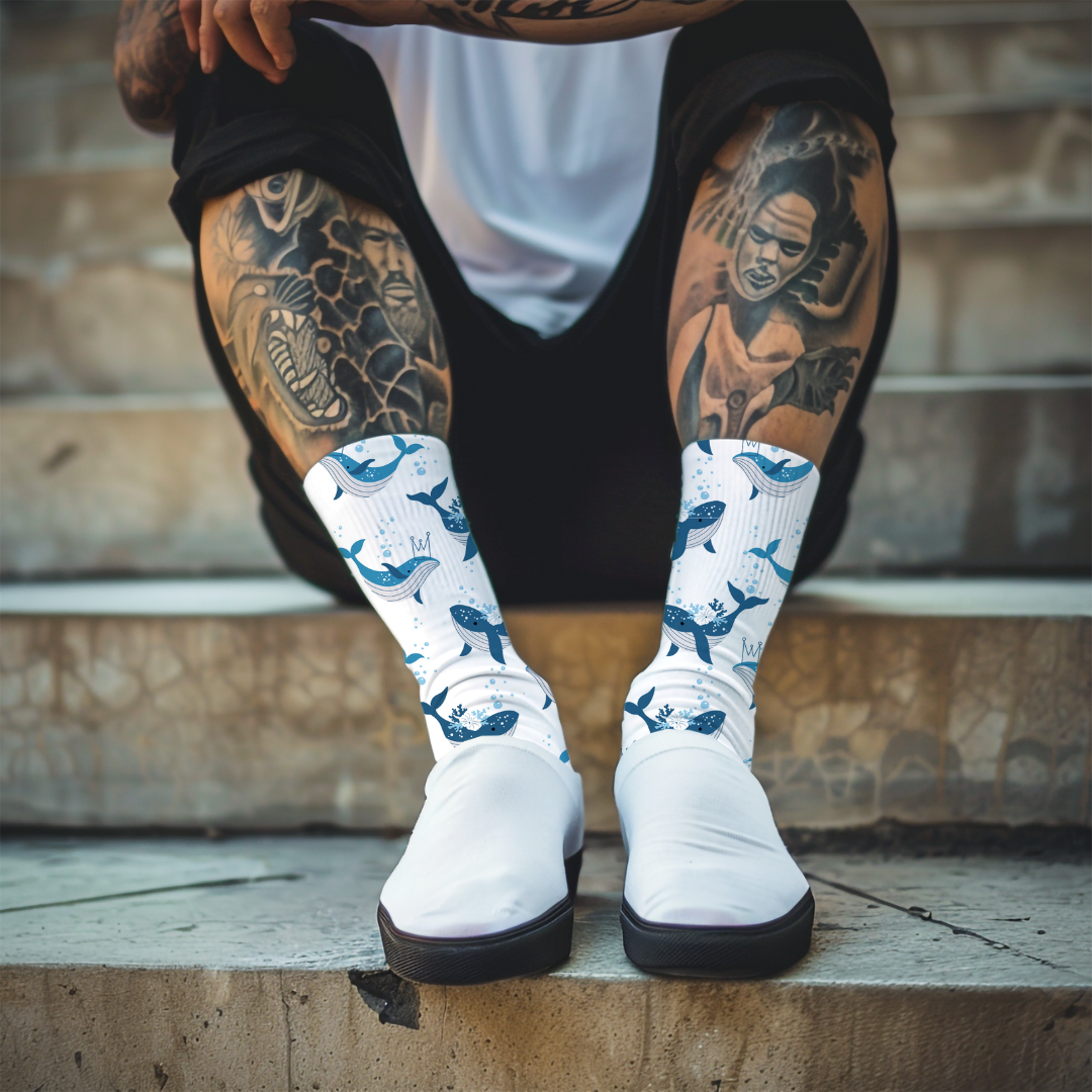 Blue Whale Patterned Crew Socks - Cushioned DTG Print - Comfortable & Stylish Socks for Women and Men