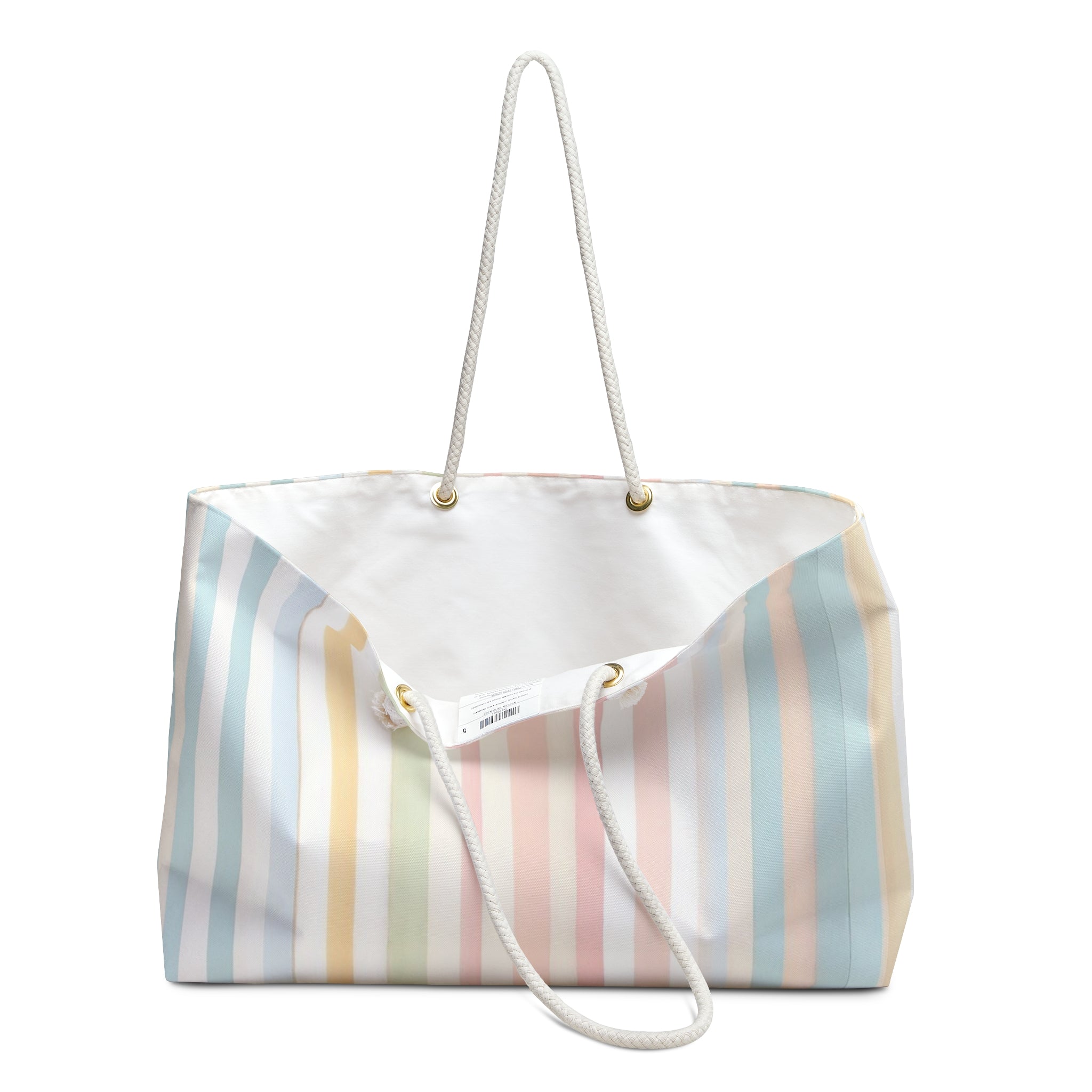 Striped tote bag with a white handle on a white background