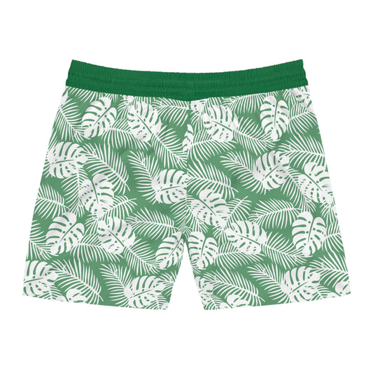 Men's Green Tropical Leaf Print Swim Shorts with Pockets | Lightweight Mid-Length Swim Trunks