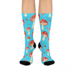 Shroom Socks Blue Cushioned Crew Socks with Mushroom Pattern