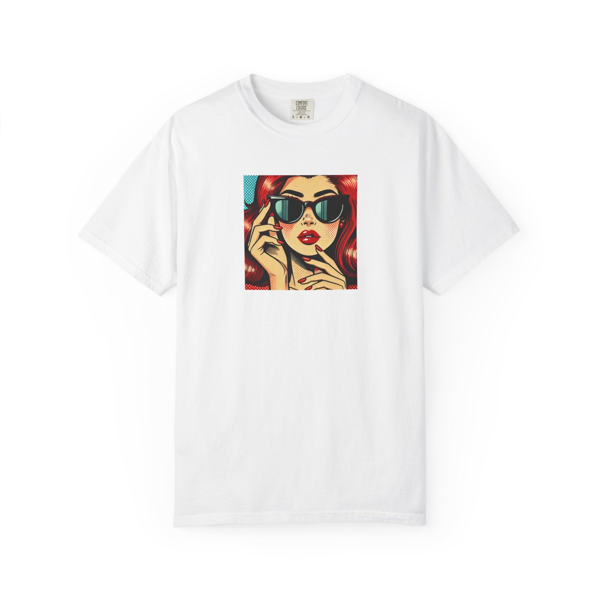 White t-shirt with a colorful graphic of a woman on a white background