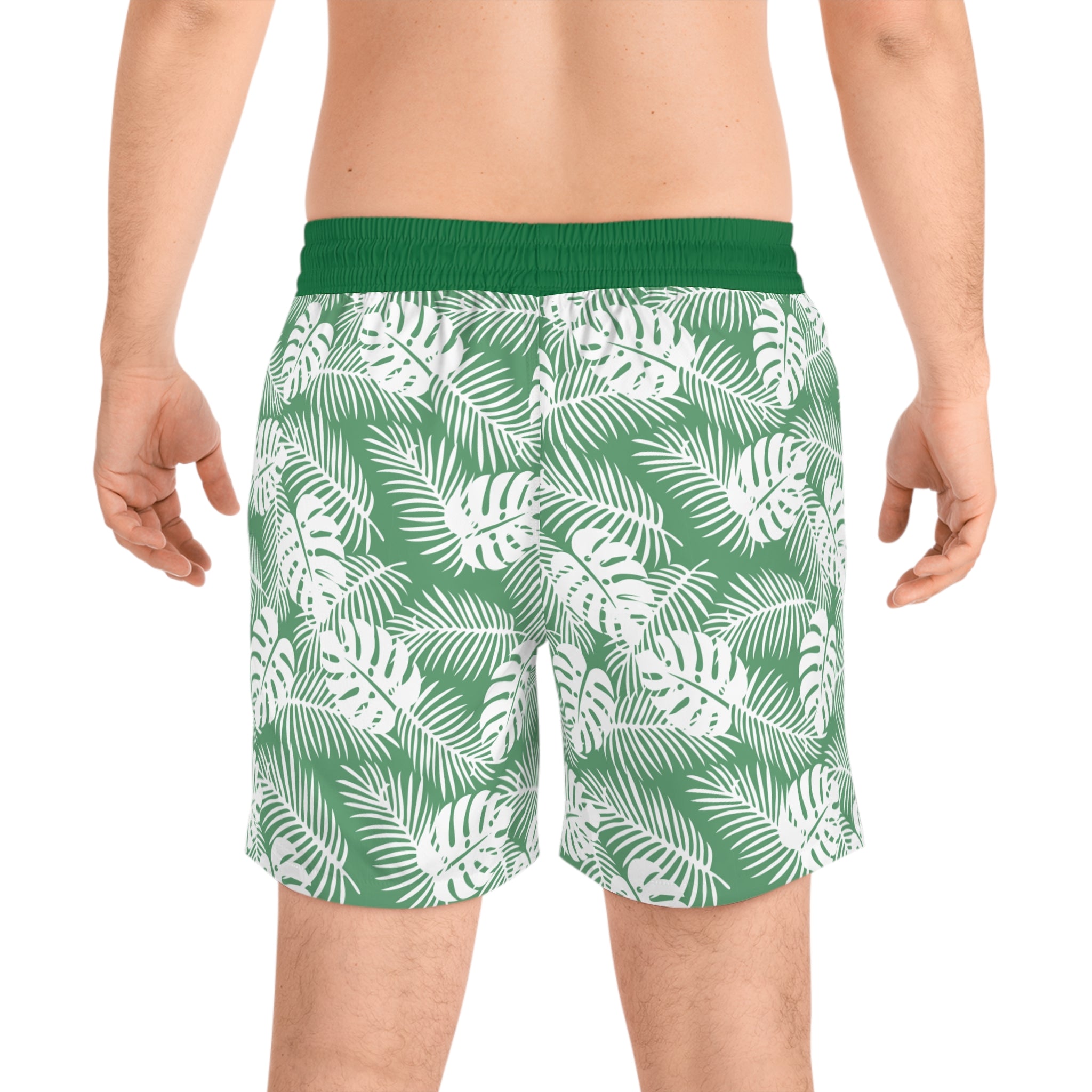 Men's Green Tropical Leaf Print Swim Shorts with Pockets | Lightweight Mid-Length Swim Trunks