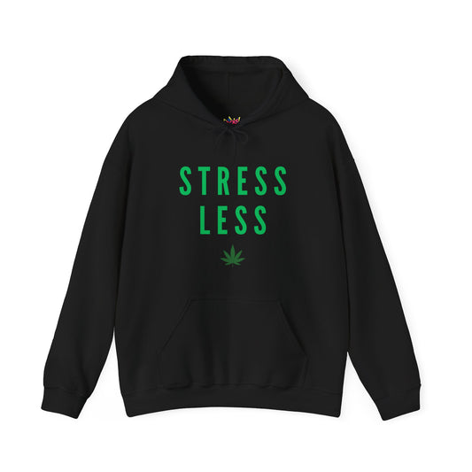 Stress Less Hoodie - Black with Green Cannabis Leaf Motif" Unisex Heavy Blend™ Hooded Sweatshirt