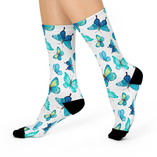 Beautiful Blue Butterflies Printed Cushioned Crew Socks