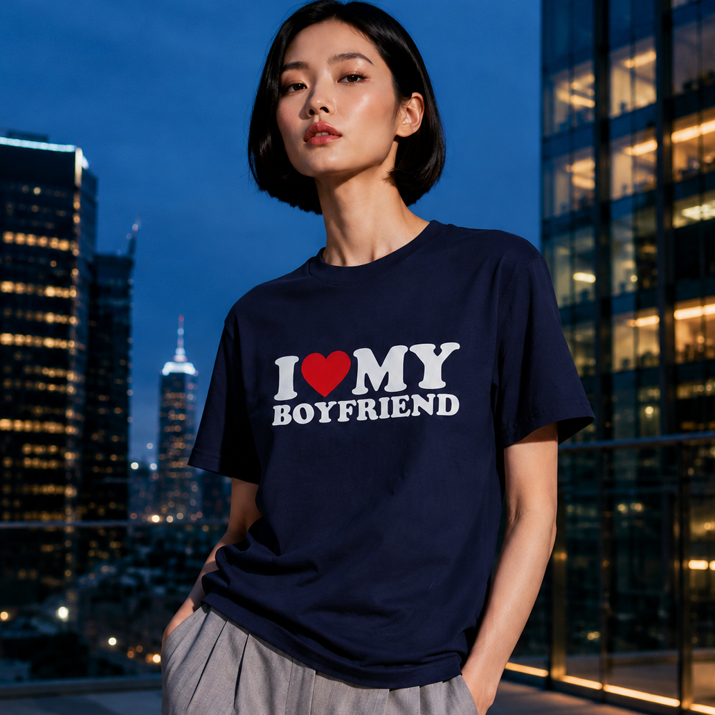 A woman wearing a navy blue t-shirt with a white graphic that reads 'I [red heart] MY BOYFRIEND' stands on a rooftop at dusk with a city skyline in the background.