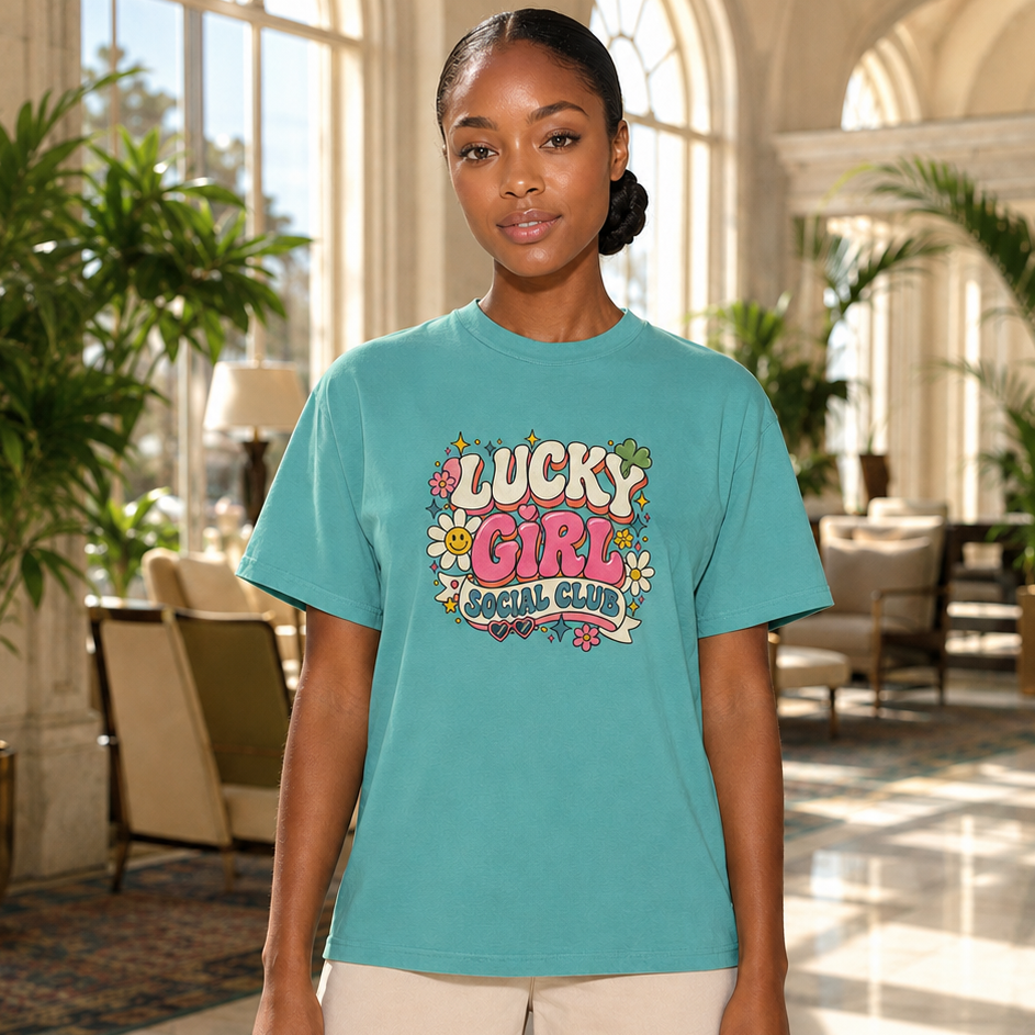 A woman stands in a bright, sunlit indoor lobby wearing a turquoise graphic T-shirt with the words 'Lucky Girl' and 'Be Lucky' in a colorful retro design, paired with light beige pants.