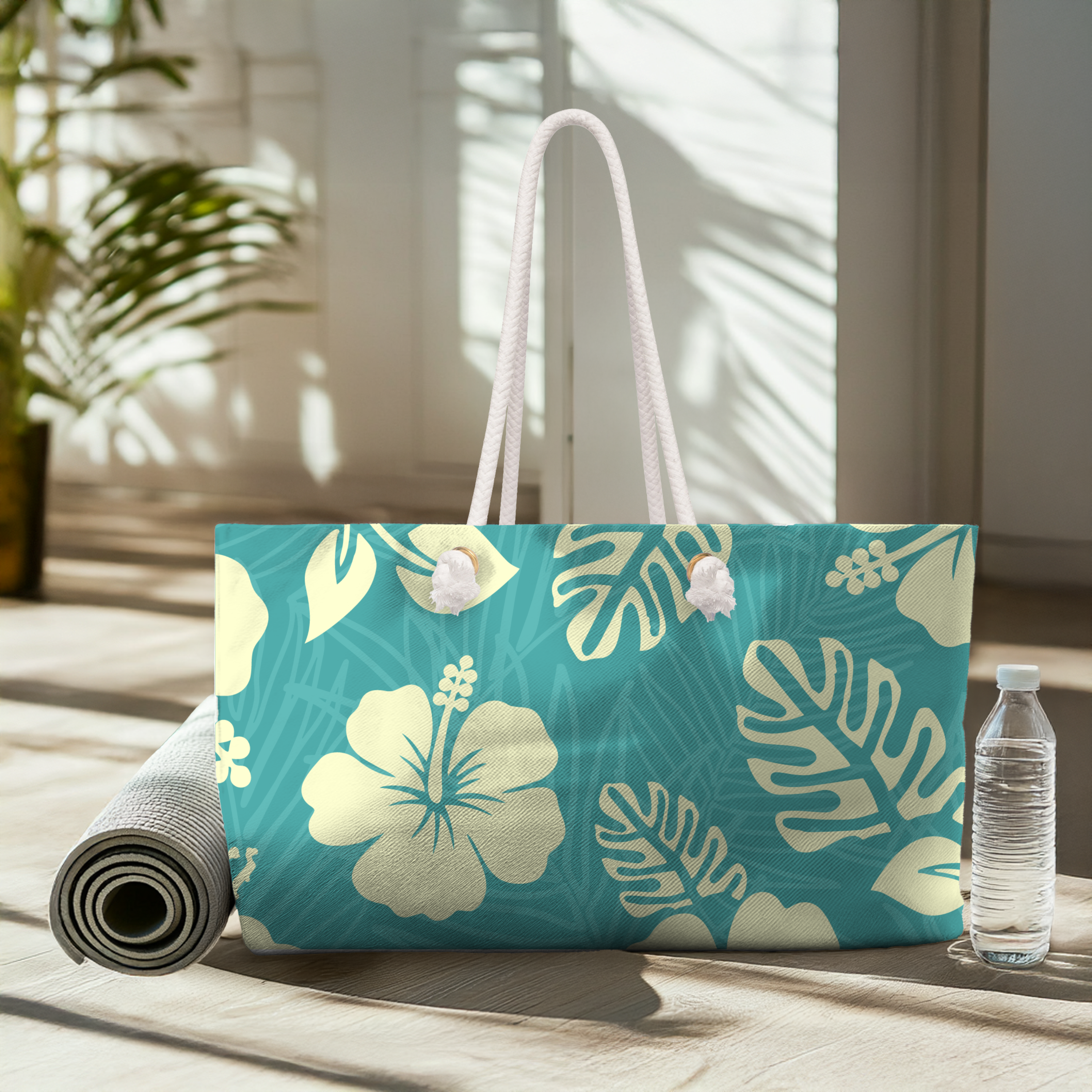 Teal Tropical Hibiscus Weekender Bag