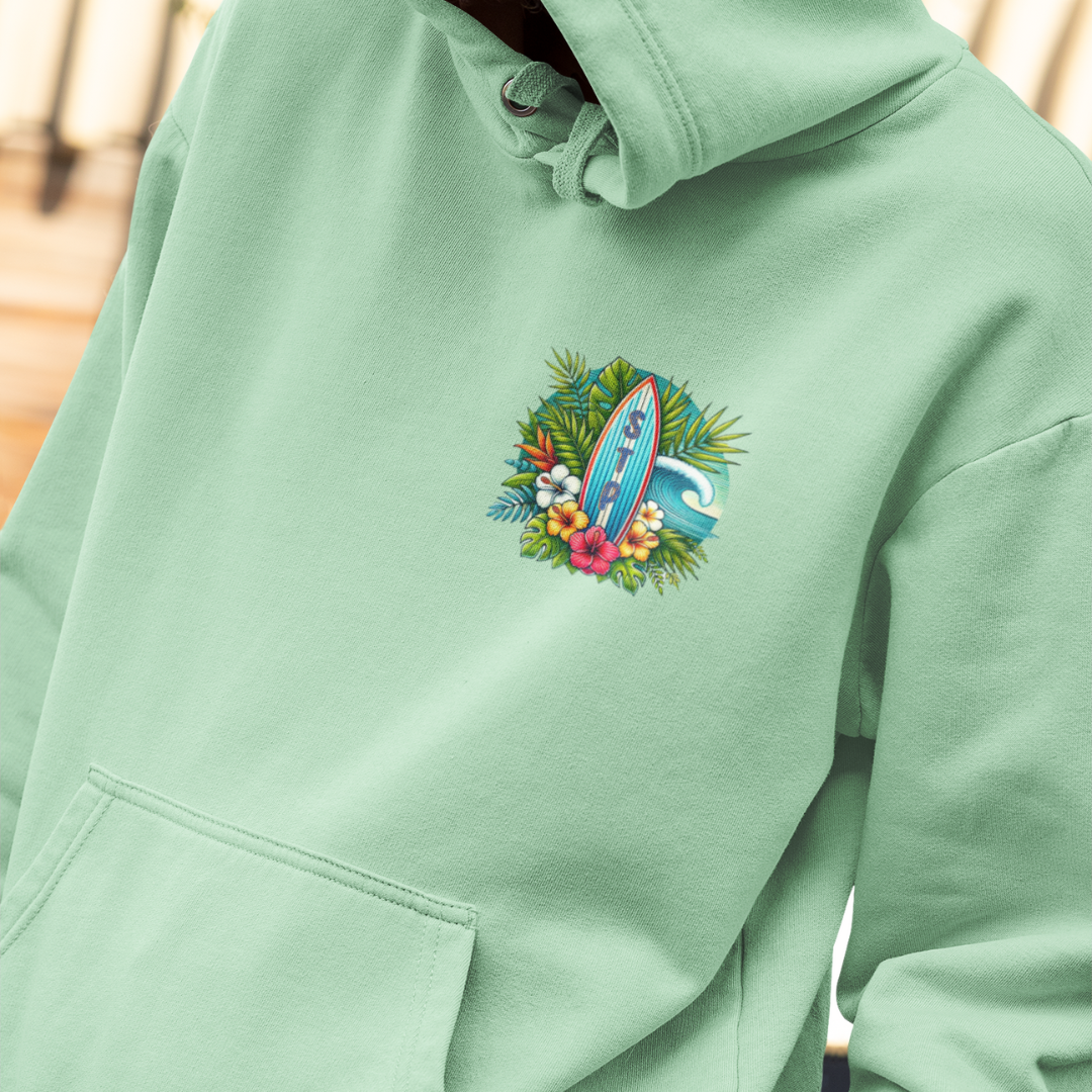 Surfboard Design Hoodie – Unisex Tropical Flower Cotton-Blend Sweatshirt