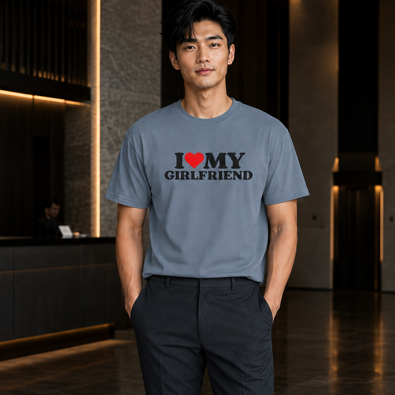A man standing in a modern hotel lobby wearing a slate blue crewneck t-shirt with a graphic that reads 'I <red heart> MY GIRLFRIEND' and dark charcoal trousers.