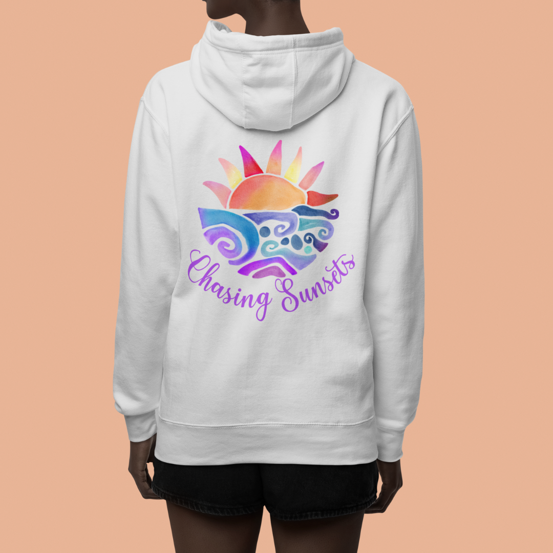 Sunset Chase Hoodie - Ash Gray Hooded Sweatshirt with Watercolor Sunset Graphic, Unisex Pullover, Chase Sunsets Sweatshirt Gift, Sunset