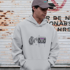 Sport Gray Graffiti Hoodie with Boom Box, Urban Streetwear, Unisex Art Hoodie