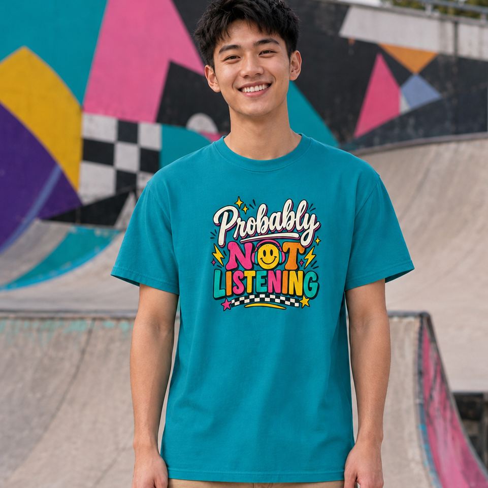 A smiling young man stands at a concrete skatepark wearing a teal graphic t-shirt that reads 'Probably NOT LISTENING' with a smiley face and colorful retro design, paired with khaki shorts.