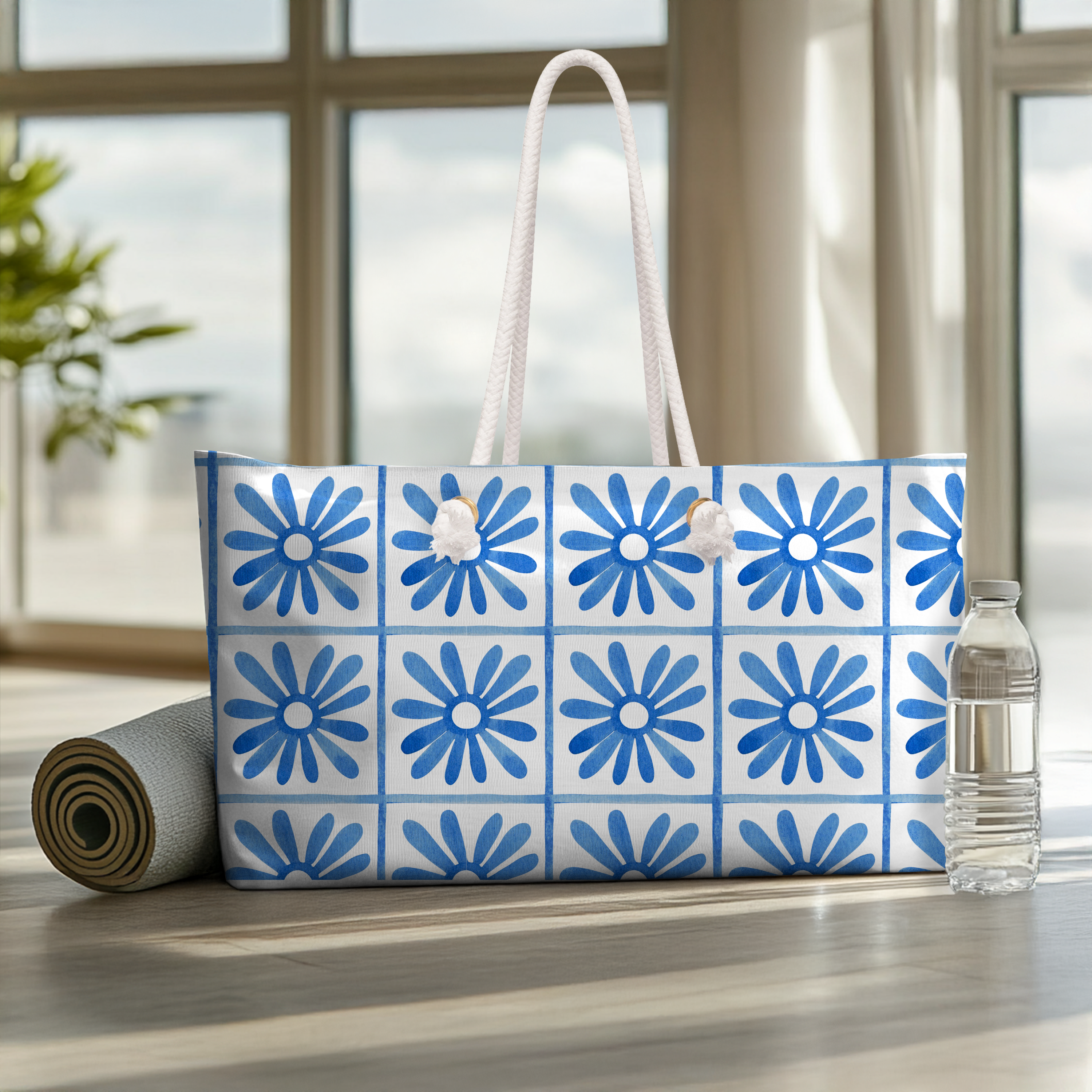 Blue Tile Floral Weekender Bag