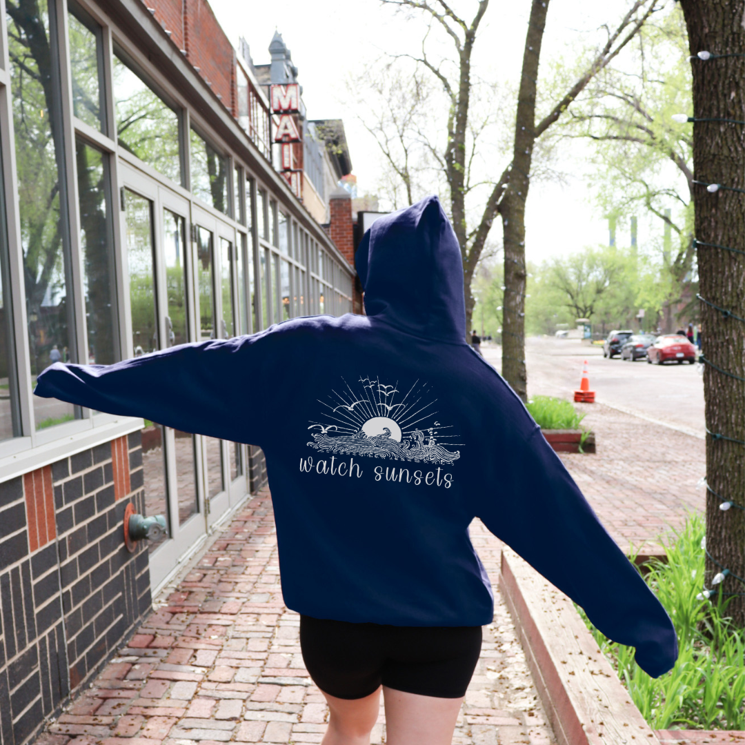 Beach Sunset Hoodie Unisex Navy Hoodie Sunset Graphic Hoodie Beachy Gift for Girlfriend