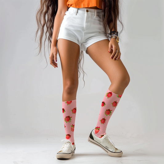 Pink Strawberry Pattern Socks: Unisex Cushioned Crew Socks