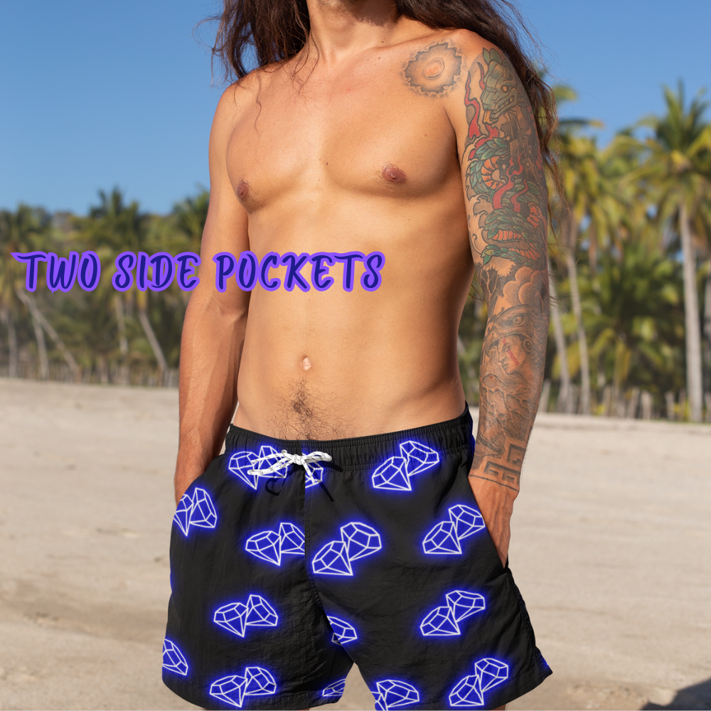 Mens Neon Swim Shorts Diamond Print Swim Trunks for Him Festival Beachwear Gift for Boyfriend Bachelor Party Pool Shorts Summer Style