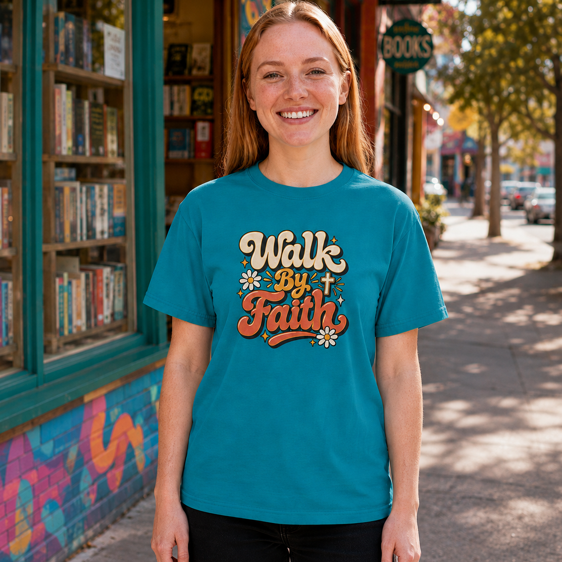 A smiling woman stands on a sunlit city sidewalk wearing a teal graphic T-shirt with the words 'Walk By Faith' in a retro cream and orange design with small white flowers. Bookstore windows and trees are visible in the background.