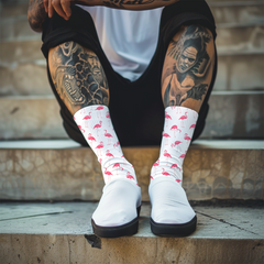 Flamingo Print Crew Socks: Unisex White Casual Socks