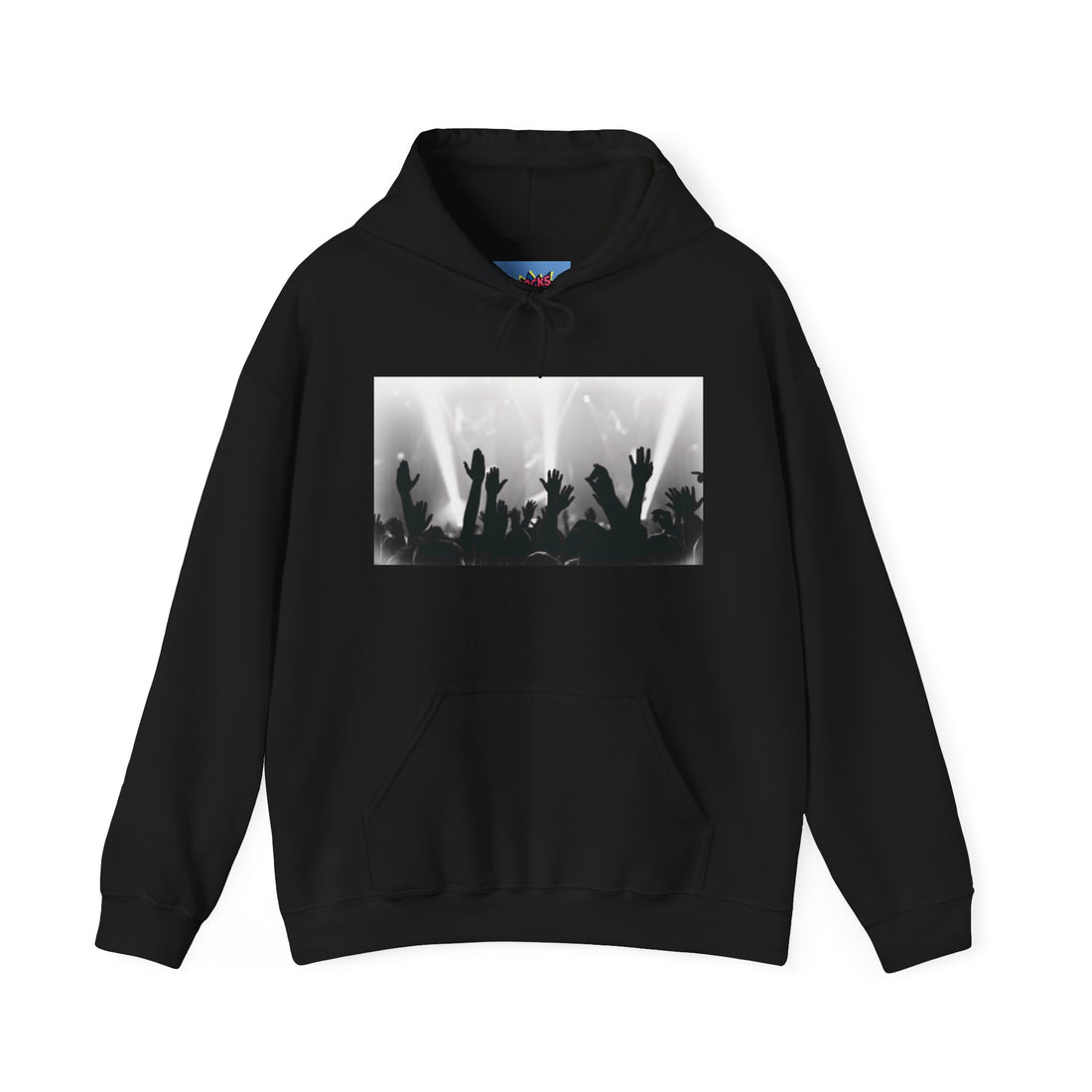 Person wearing a black hoodie with a graphic design in a futuristic setting