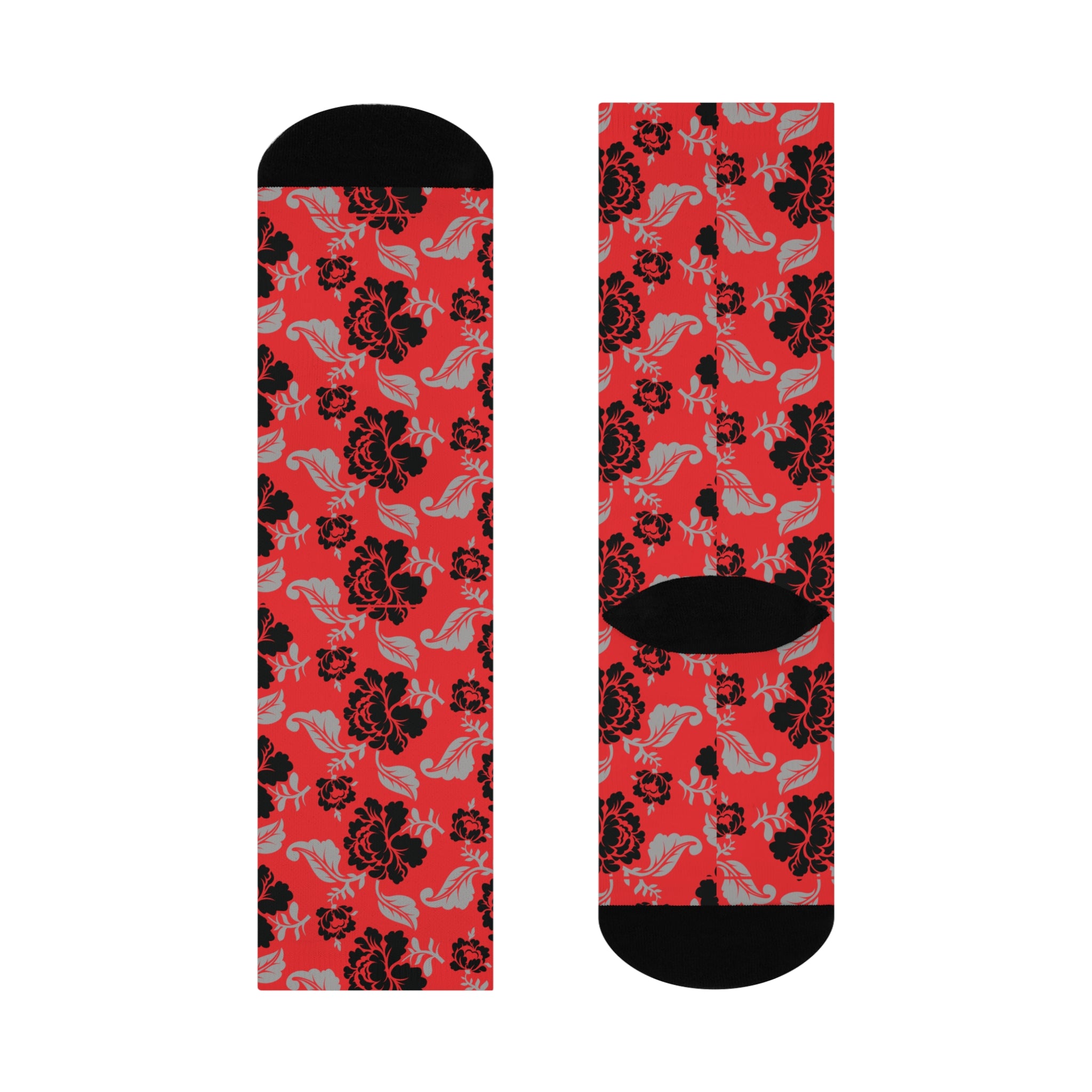 Red and Black Floral Print Socks - Gothic Cushioned Crew Socks for Women and Men | The Hollywood Betty Collection