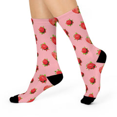 Strawberry Print Crew Socks Pink Socks with Strawberry Pattern Gift for Her Fruit Print Socks