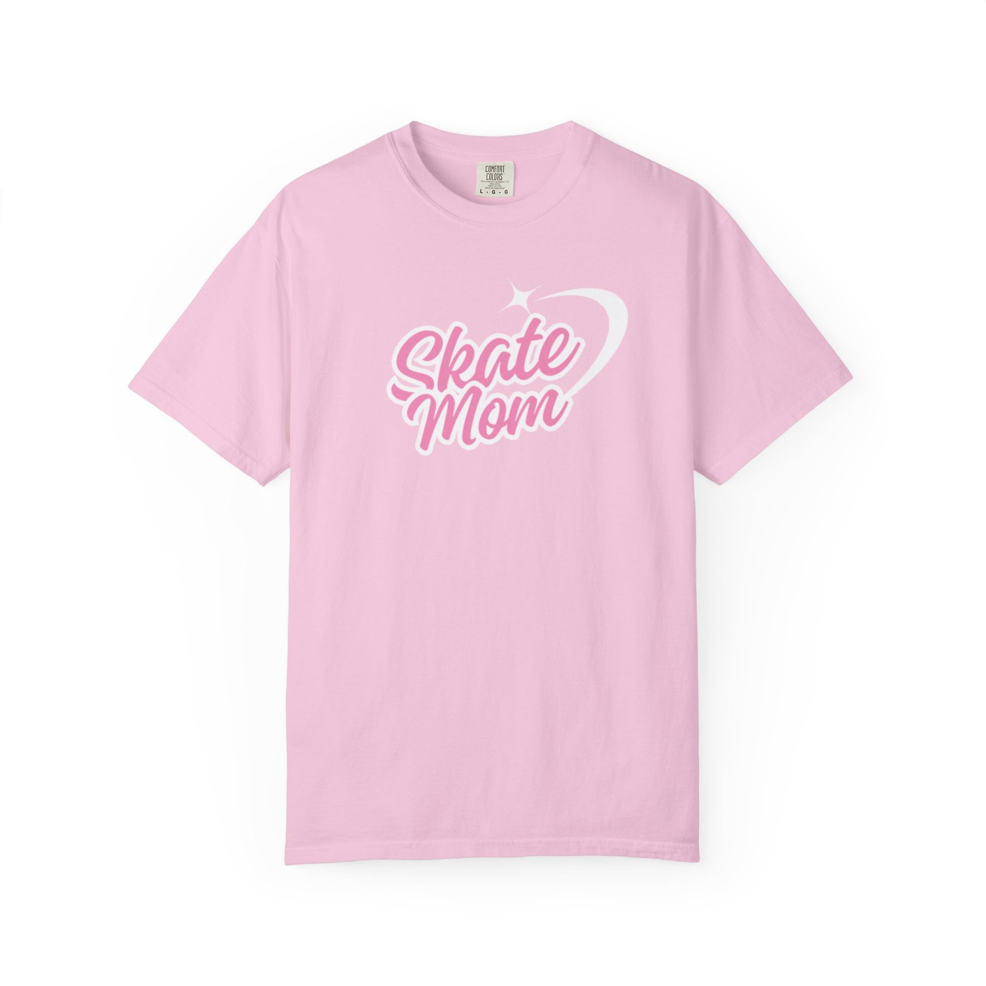 Pink t-shirt with 'Skate Mom' text on a white background