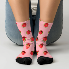 Pink Strawberry Pattern Socks: Unisex Cushioned Crew Socks