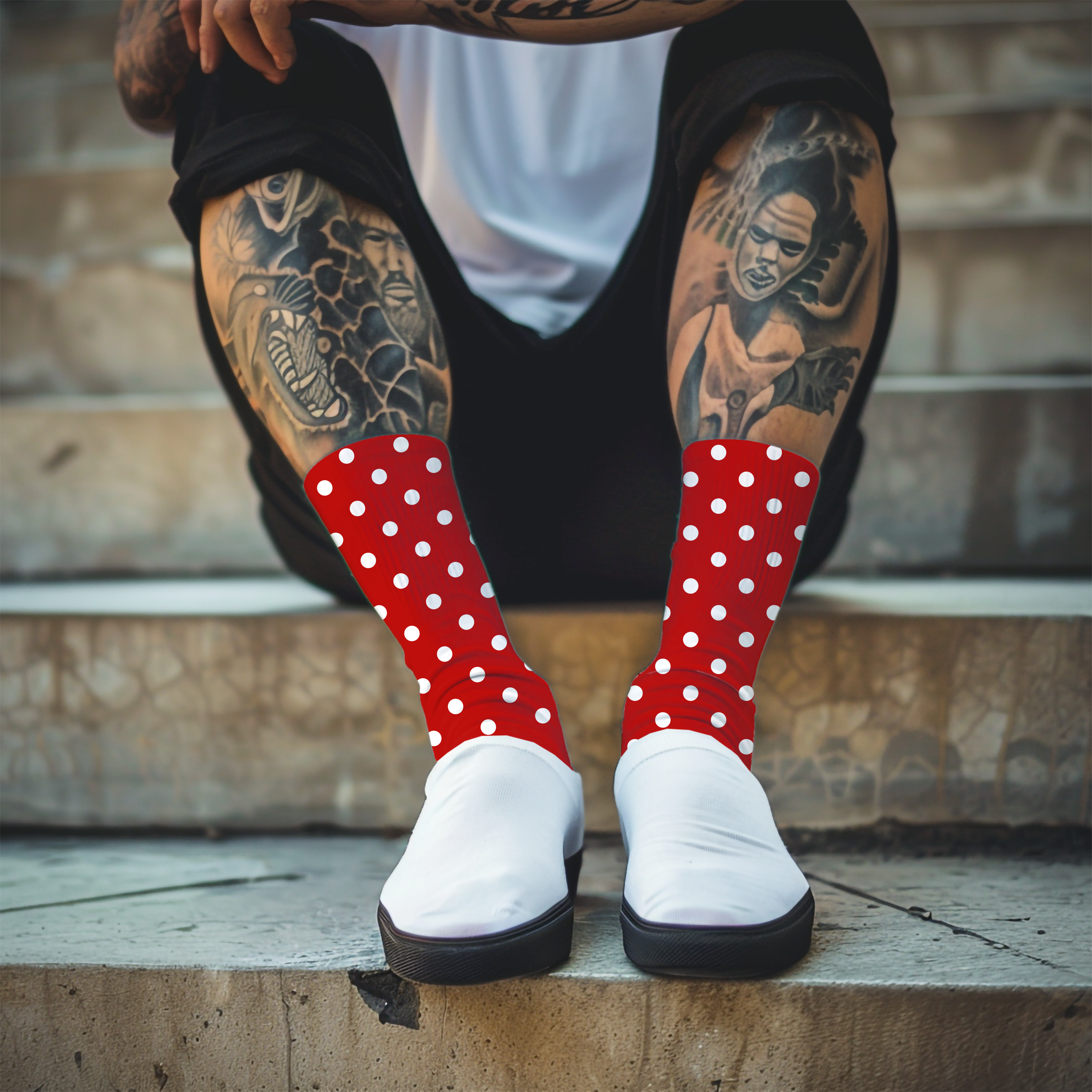 Red Polka Dot Cushioned Crew Socks for Festive Holiday Season, Unisex cozy footwear, Christmas stocking stuffer, Winter cozy gift, Novelty