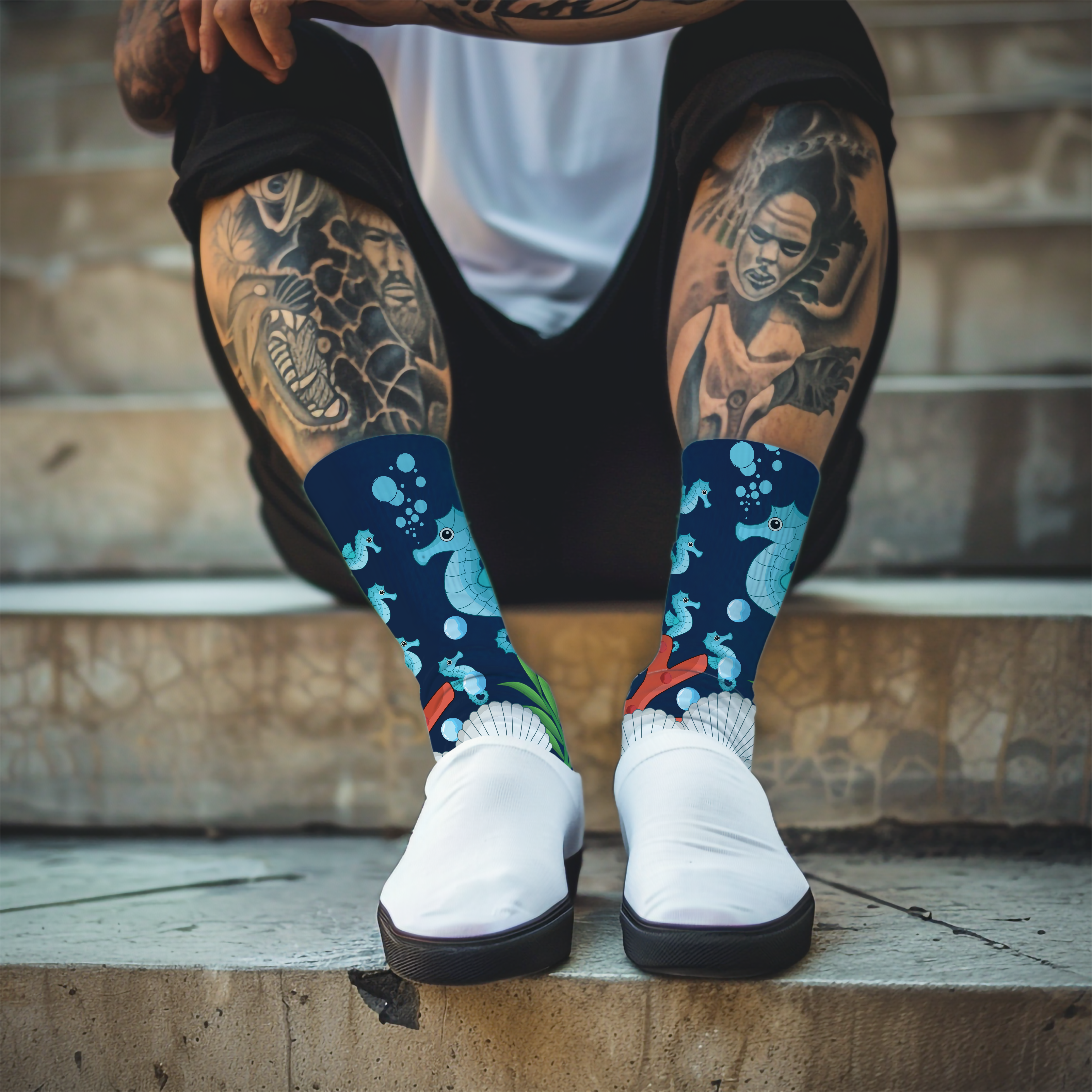 Seahorse Socks with Ocean Theme Socks Sea Life Cushioned Crew Socks