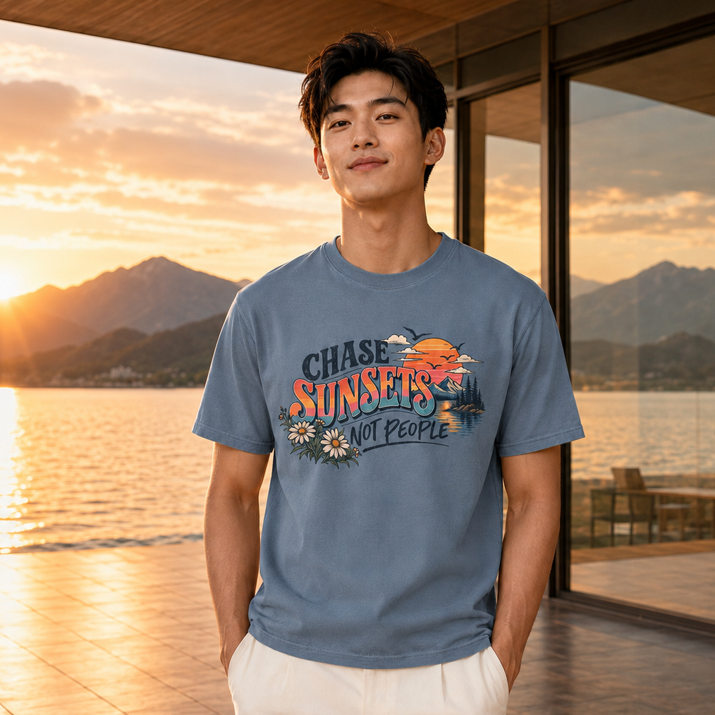 A man wearing a slate blue graphic t-shirt with the text 'CHASE SUNSETS NOT PEOPLE' stands on a patio overlooking a sunset lake and mountains.