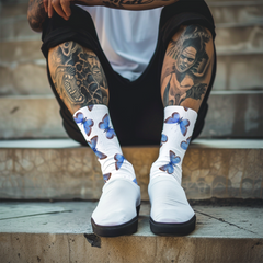 Blue Butterfly Print Socks: Cushioned Nature Lover Crew Socks