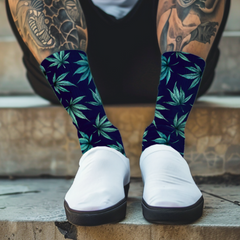 Cannabis Leaf Patterned Crew Socks - Cushioned Print - Comfortable & Stylish Socks for Women and Men