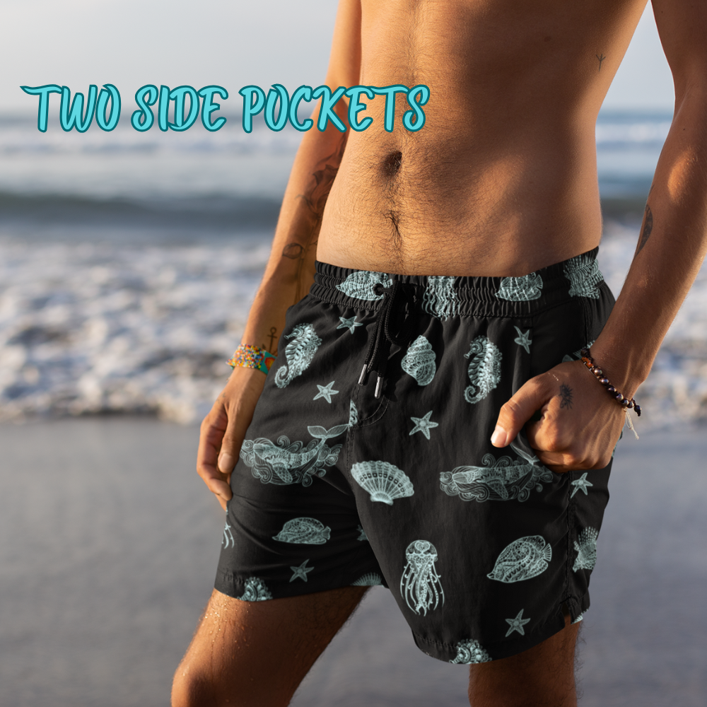 Mens Swim Shorts Mandala Sea Animal Beach Shorts for Him Coastal Gift for Men Summer Swim Trunks Black Ocean Shorts Vacation Ready