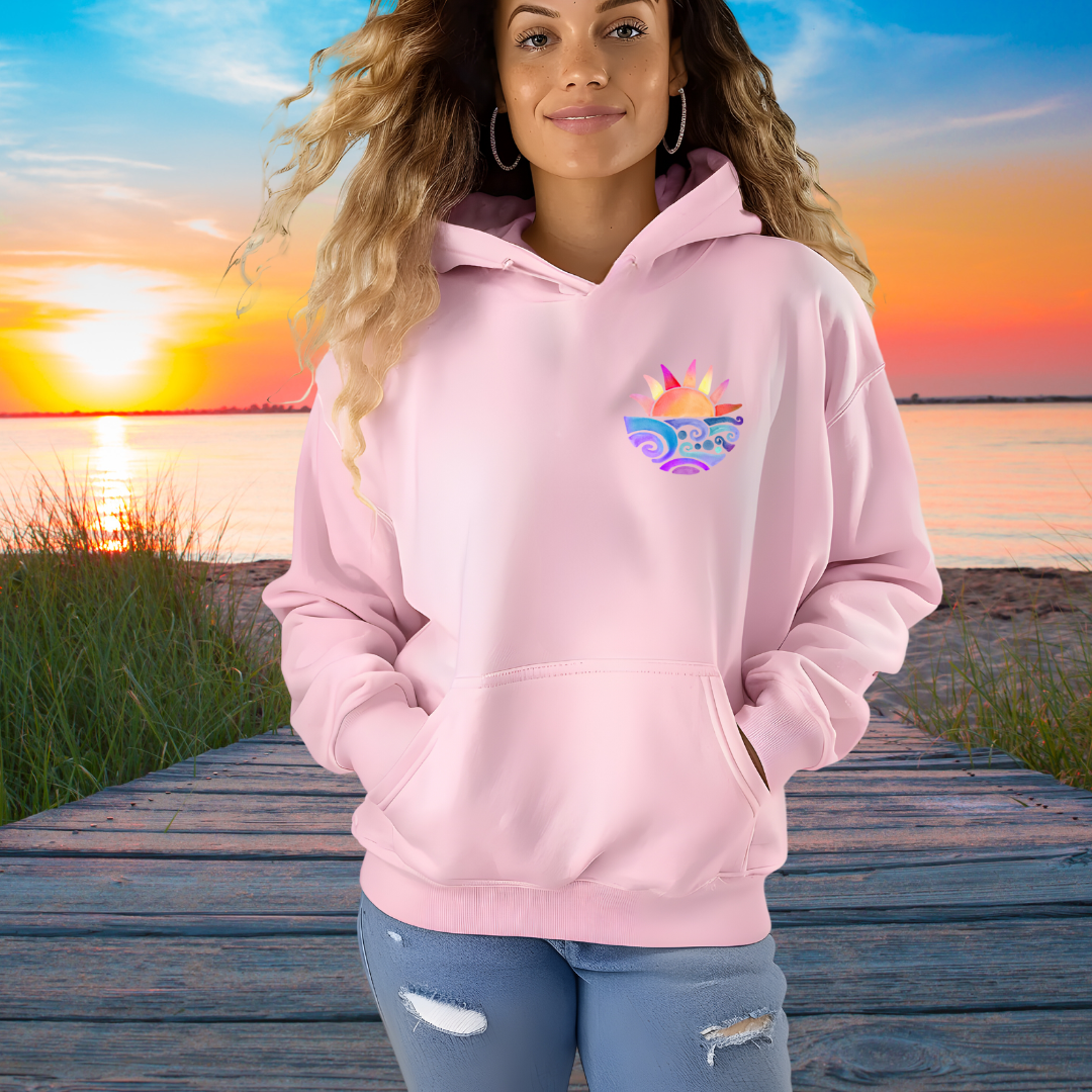 Oversized Pink Beach Hoodie – Sunset Graphic Front & Back