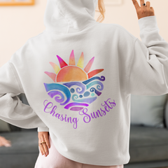 Sunset Chase Hoodie - Ash Gray Hooded Sweatshirt with Watercolor Sunset Graphic, Unisex Pullover, Chase Sunsets Sweatshirt Gift, Sunset