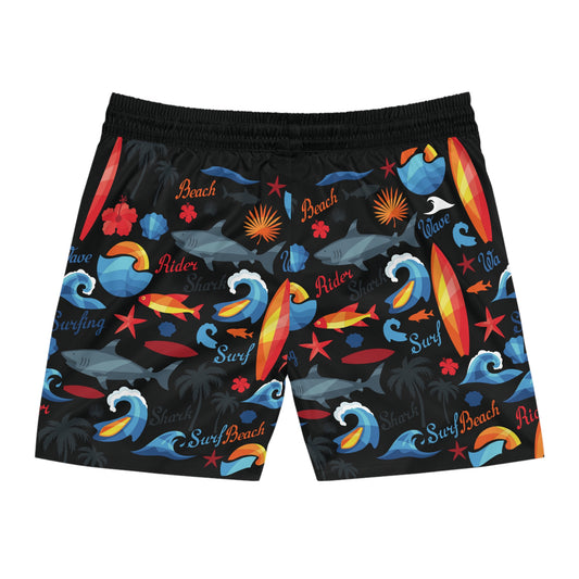 Men's Trunks Surf-Themed Swim Shorts - Colorful Surfboard and Wave Print Quick-Dry Trunks