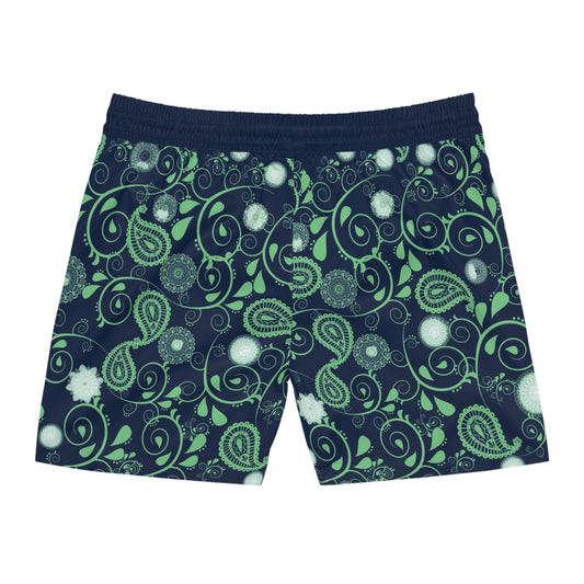 Men's Swim Trunks Blue with Green Paisley PatternMid-Length Swim Shorts