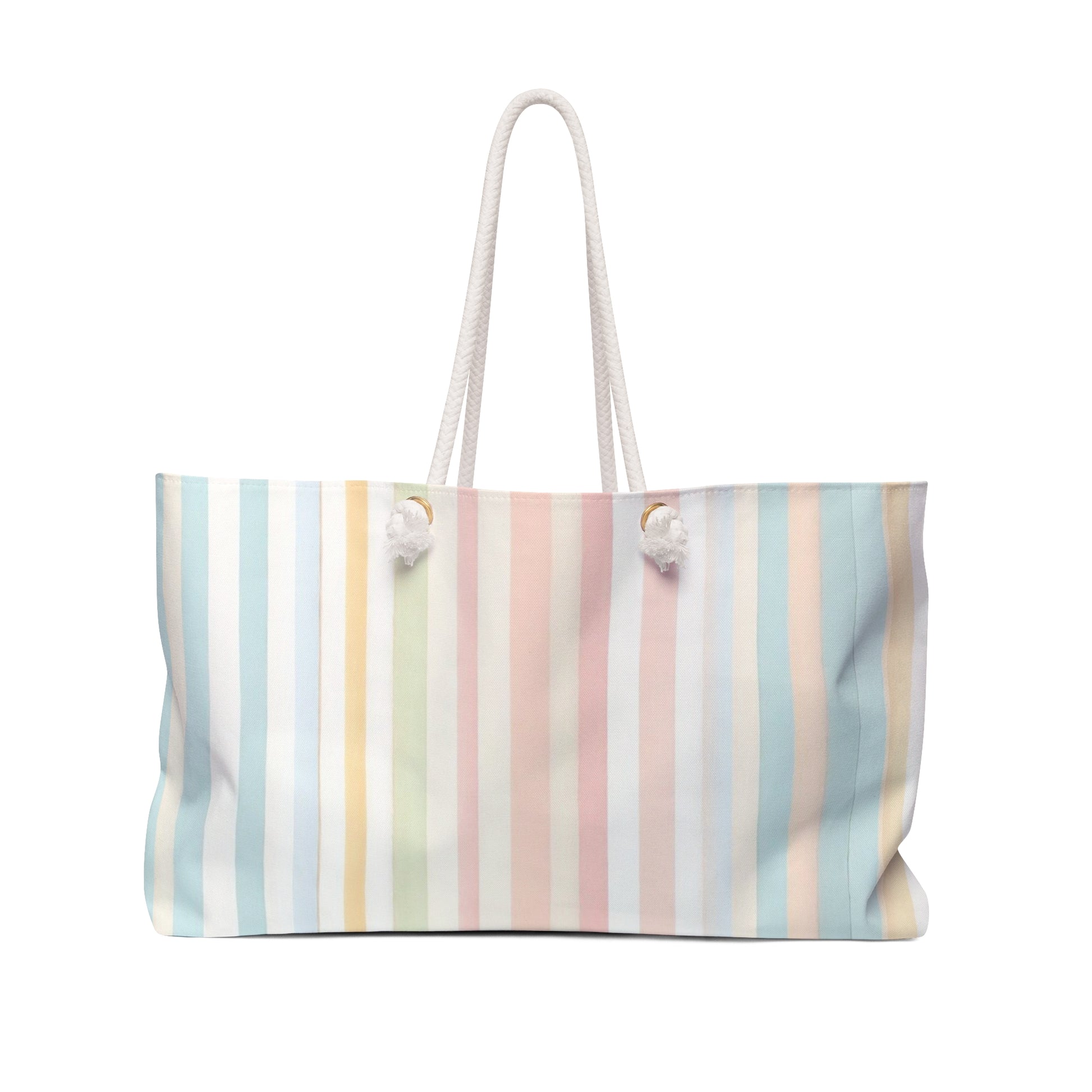 Beige tote bag with blue beach-themed icons on a white background
