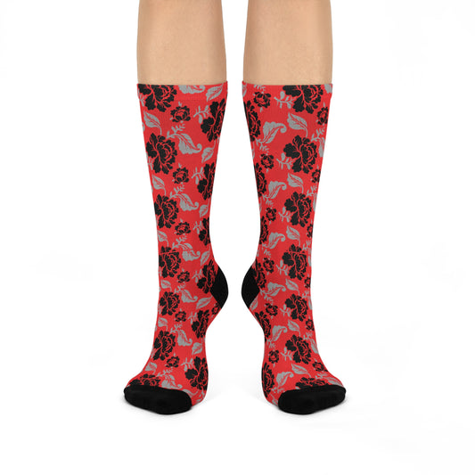 Red & Black Floral Gothic Crew Socks for Women & Men