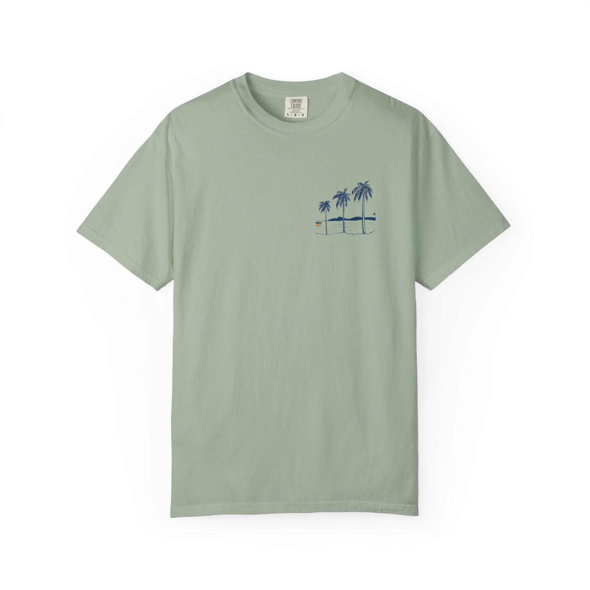 Light green t-shirt with a palm tree design on a white background